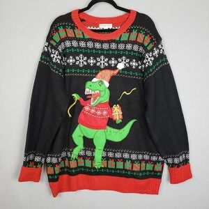 Holiday Hype Size XXL Dinosaur Santa Ugly Christmas Sweater Black Holiday Winter